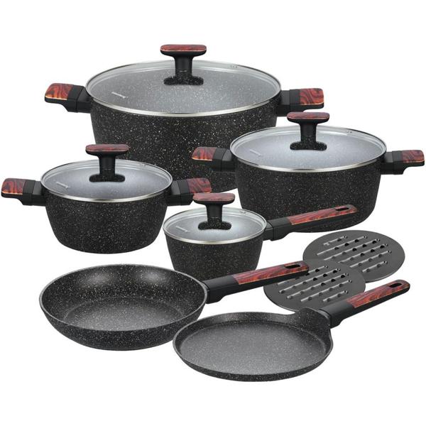 Hochwertiges Design Topf- und Pfannen-Set m. marmorierter Antihaftbeschichtung, inkl. Untersetzer, Glasdeckel, Soft Touch Griffe, 12-teilig, schwarz