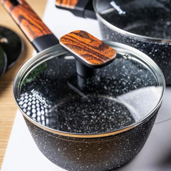 Hochwertiges Design Topf- und Pfannen-Set m. marmorierter Antihaftbeschichtung, inkl. Untersetzer, Glasdeckel, Soft Touch Griffe, 12-teilig, schwarz