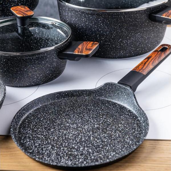 Hochwertiges Design Topf- und Pfannen-Set m. marmorierter Antihaftbeschichtung, inkl. Untersetzer, Glasdeckel, Soft Touch Griffe, 12-teilig, schwarz