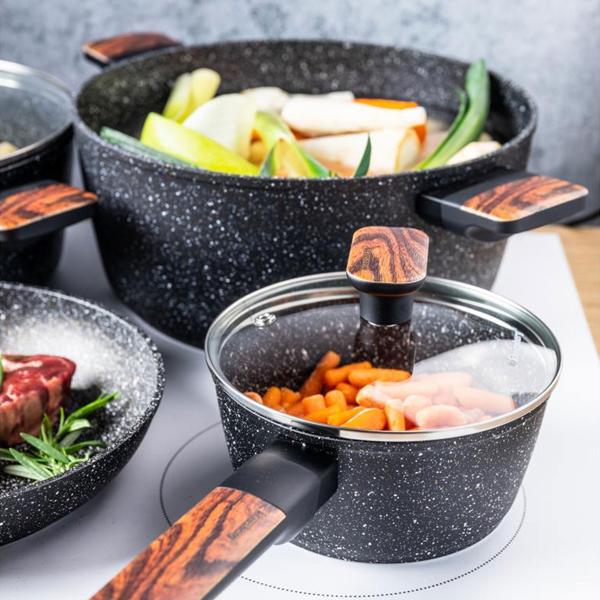 Hochwertiges Design Topf- und Pfannen-Set m. marmorierter Antihaftbeschichtung, inkl. Untersetzer, Glasdeckel, Soft Touch Griffe, 12-teilig, schwarz