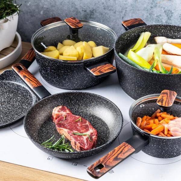 Hochwertiges Design Topf- und Pfannen-Set m. marmorierter Antihaftbeschichtung, inkl. Untersetzer, Glasdeckel, Soft Touch Griffe, 12-teilig, schwarz