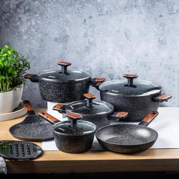 Hochwertiges Design Topf- und Pfannen-Set m. marmorierter Antihaftbeschichtung, inkl. Untersetzer, Glasdeckel, Soft Touch Griffe, 12-teilig, schwarz
