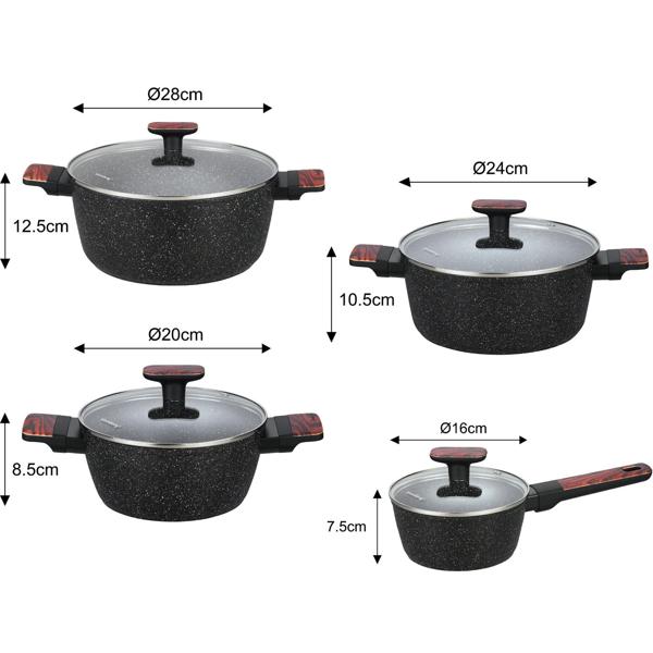 Hochwertiges Design Topf- und Pfannen-Set m. marmorierter Antihaftbeschichtung, inkl. Untersetzer, Glasdeckel, Soft Touch Griffe, 12-teilig, schwarz