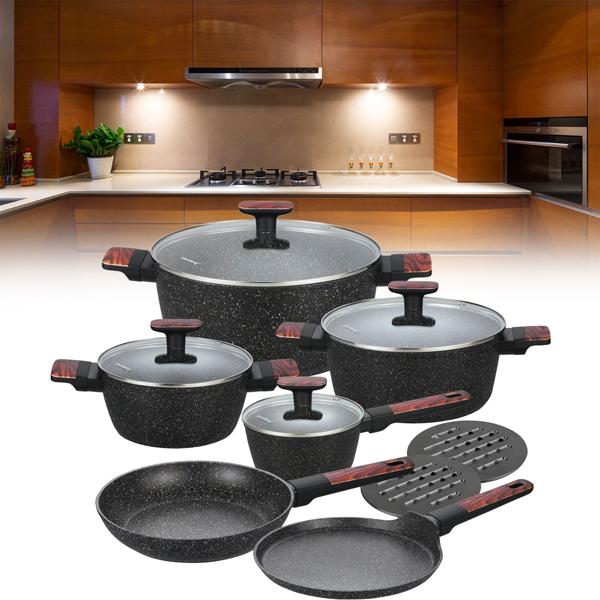 Hochwertiges Design Topf- und Pfannen-Set m. marmorierter Antihaftbeschichtung, inkl. Untersetzer, Glasdeckel, Soft Touch Griffe, 12-teilig, schwarz