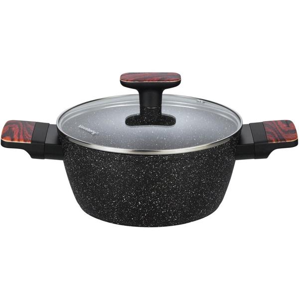 Hochwertiges Design Topf- und Pfannen-Set m. marmorierter Antihaftbeschichtung, inkl. Untersetzer, Glasdeckel, Soft Touch Griffe, 12-teilig, schwarz