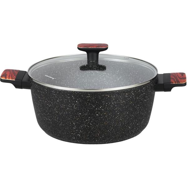 Hochwertiges Design Topf- und Pfannen-Set m. marmorierter Antihaftbeschichtung, inkl. Untersetzer, Glasdeckel, Soft Touch Griffe, 12-teilig, schwarz