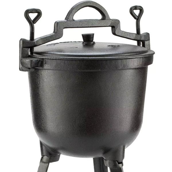 Gusseisen Camping-Kochtopf (8L): Lagerfeuertopf, schwarz, Deckel für schnelles Dampfkochen - Robust, vielseitig, für die Outdoor-Küche