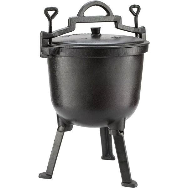 Gusseisen Camping-Kochtopf (8L): Lagerfeuertopf, schwarz, Deckel für schnelles Dampfkochen - Robust, vielseitig, für die Outdoor-Küche