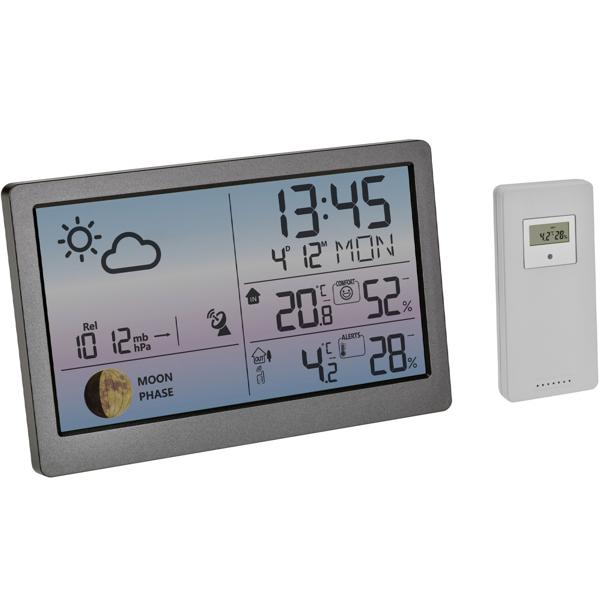 Premium Wetterstation m. Farbdisplay und Aussensensor, Messung von Temperatur, Mondphase, Raumklima-Überwachung, Wettervorhersage