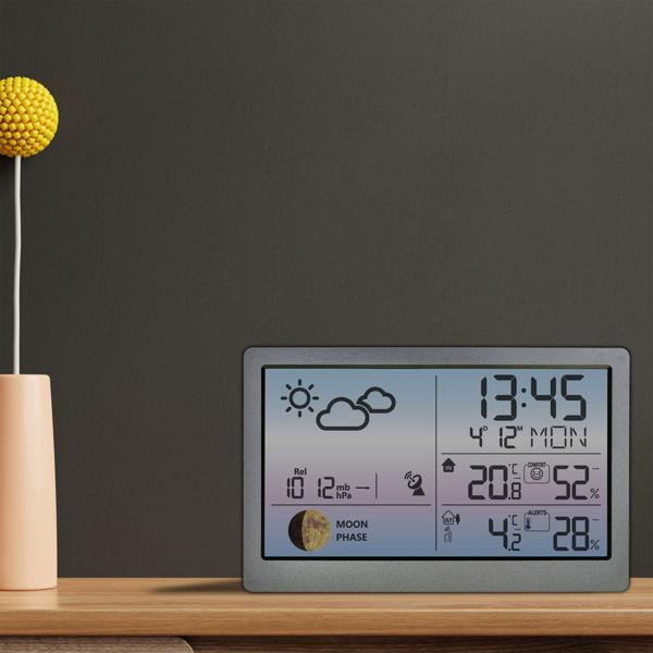 Premium Wetterstation m. Farbdisplay und Aussensensor, Messung von Temperatur, Mondphase, Raumklima-Überwachung, Wettervorhersage
