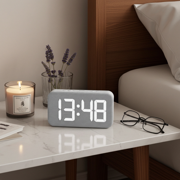 Digitaler Wecker mit Textilbezug: Leuchtziffern, modern & stilvoll, Für Schlafzimmer & Nachttisch, Sanftes Aufwachen, einfache Bedienung & dekorativ