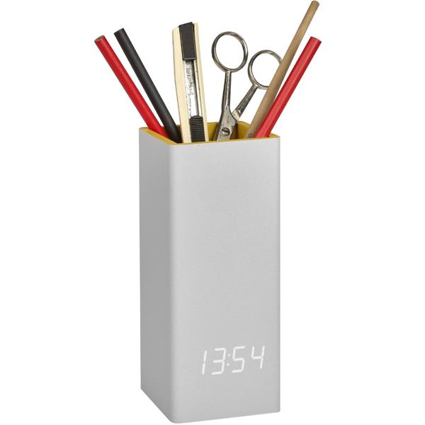 Multifunktionaler Digitalwecker, grau-gelb: Mit Stiftehalter & Temperaturanzeige, für Büro, Schlafzimmer & Schreibtisch