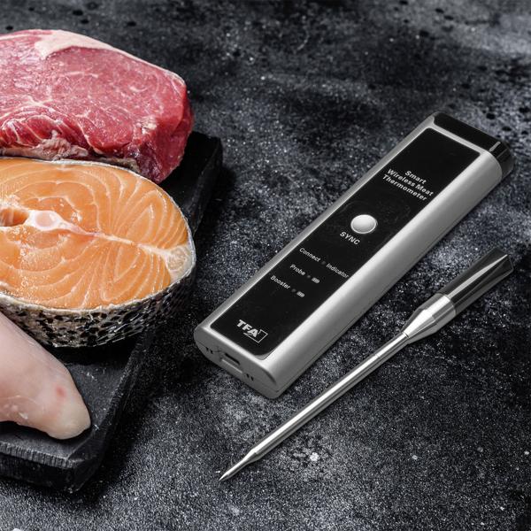 Präzises smartes Fleisch-, Braten- & Ofenthermometer, bis +300 °C, kabelloser Fühler aus Edelstahl, App-Steuerung für BBQ, Grill, Smoker, Backofen