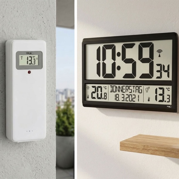 Digitale XL-Funkuhr: Mit Aussen-/Innentemperatur & grossem Display, präzise, modern & gut ablesbar, für Haus, Büro und Küche
