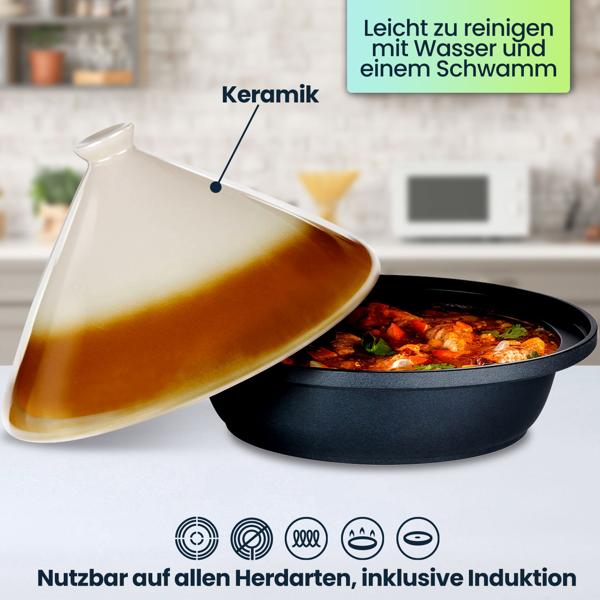 Traditionelle Tagine (Tajine) mit Deckel aus Keramik, 2,5 l, Ø 30 cm: Für schonendes Schmoren & aromatische Gerichte, marokkanische Küche