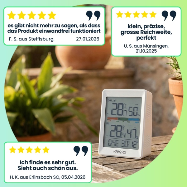 Thermometer und Hygrometer für innen & aussen, inklusive Funk-Aussensensor mit 60m Reichweite - Präzise Messungen für bestes Raumklima