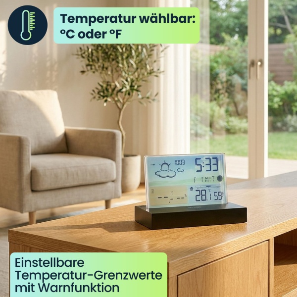 Moderne Funk-Wetterstation farbig: Rahmenloses LCD-Display für präzise Wetterprognose & Hygrometer – Mit Aussensensor