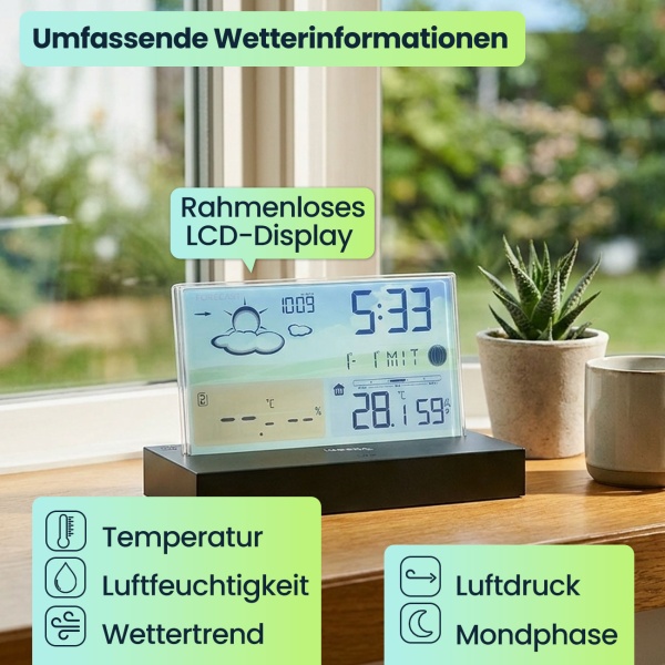 Moderne Funk-Wetterstation farbig: Rahmenloses LCD-Display für präzise Wetterprognose & Hygrometer – Mit Aussensensor