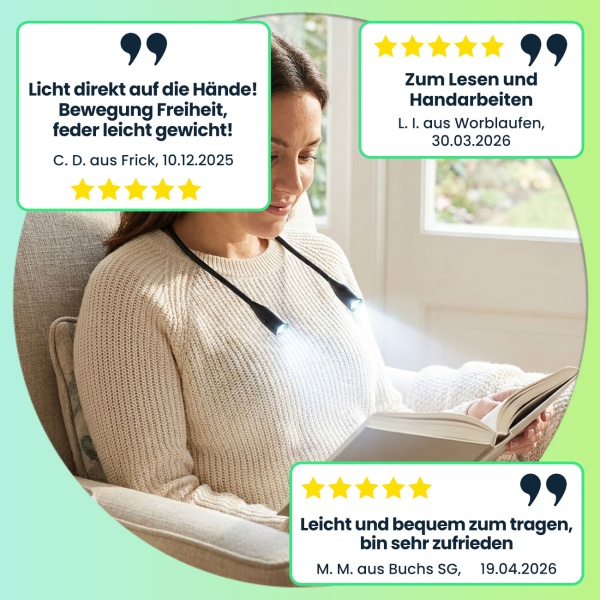 LED-Leseleuchte zum Umhängen – Dimmbare Akku-Leselampe mit 3 Farbtemperaturen, flexiblen Schwanenhälsen & 6 Stunden Leuchtdauer