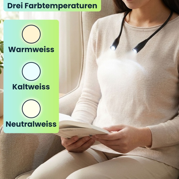 LED-Leseleuchte zum Umhängen – Dimmbare Akku-Leselampe mit 3 Farbtemperaturen, flexiblen Schwanenhälsen & 6 Stunden Leuchtdauer