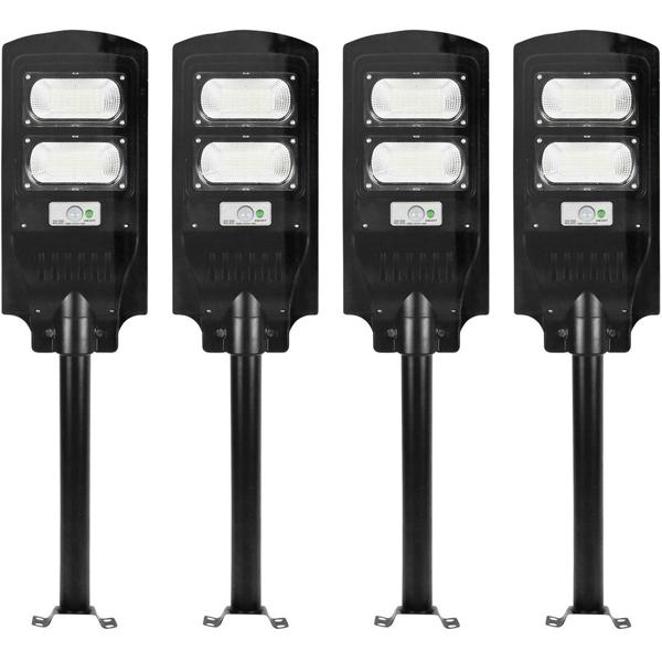 4er-Set LED Solar Strassenleuchte mit Lichtsensor & Fernbedienung, 100 Watt, IP65, wetterfeste Aussenbeleuchtung für Einfahrt, Hof & Garten