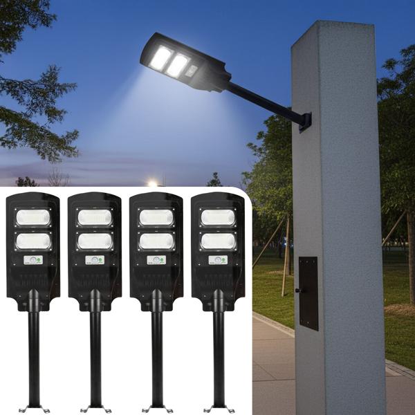 4er-Set LED Solar Strassenleuchte mit Lichtsensor & Fernbedienung, 100 Watt, IP65, wetterfeste Aussenbeleuchtung für Einfahrt, Hof & Garten