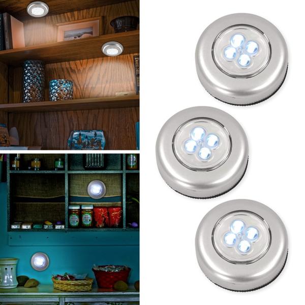 LED-Unterbauleuchten 3er-Set - Kabellos mit Touchfunktion für Kleiderschrank & Schubladen - Ø 7cm, 4 helle LEDs, 100.000h Lebensdauer - Klebepad-Montage