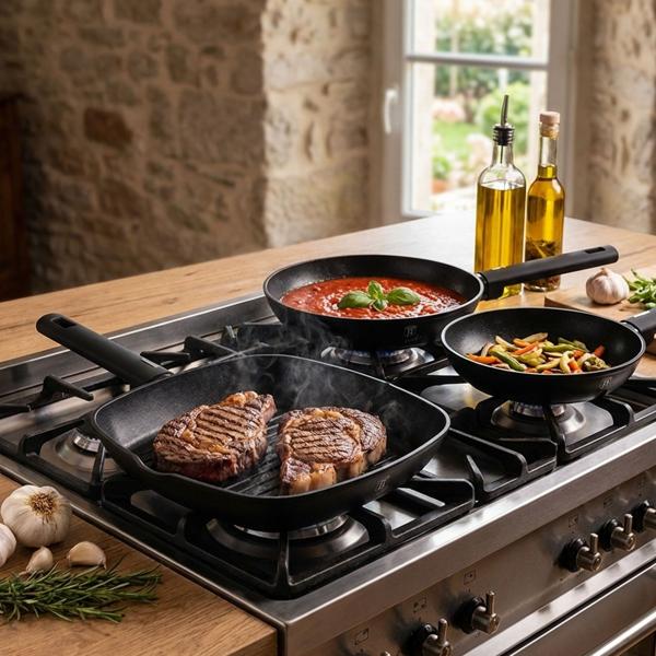 3-teiliges Design Pfannenset (mattschwarz) - Bratpfannen 20+24cm, Grillpfanne 28cm - Geschmiedetes Alu, Titan, Soft-Touch - Hochwertig & Robust