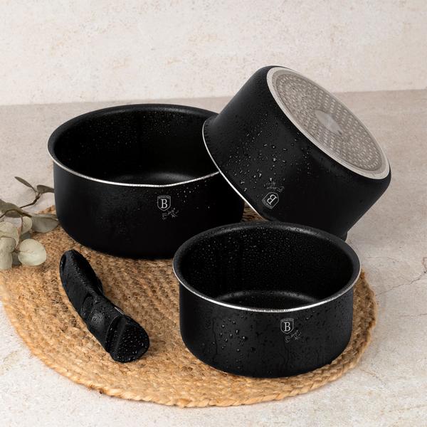 5 Pfannen-Kochset mit Titanbeschichtung, elegantes Mattschwarz – Geschmiedetes Aluminium, Smart Lids & Glasdeckel, langlebig & robust