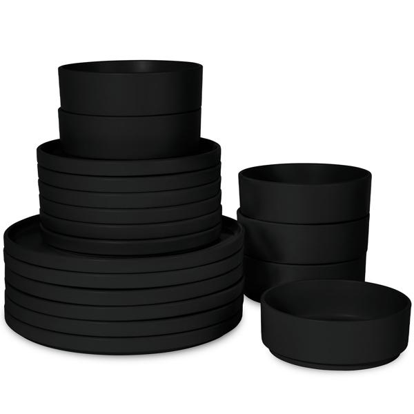 18-tlg. Steingut Design Geschirrset, Stapelbar, Mattschwarz: Speise-, Dessertteller, Schalen, edles & platzsparendes Tafelservice, modern und stilvoll