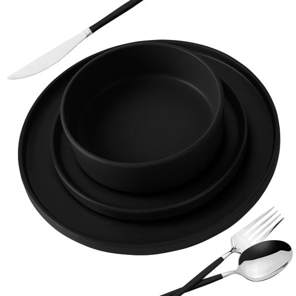 18-tlg. Steingut Design Geschirrset, Stapelbar, Mattschwarz: Speise-, Dessertteller, Schalen, edles & platzsparendes Tafelservice, modern und stilvoll