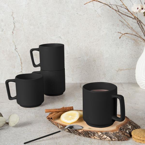 Hochwertiges Steingut Tassen Set (4 Stück, 300ml): Design Tassen in Mattschwarz, spülmaschinen- & mikrowellenfest – Stilvolle Kaffeebecher für den Alltag
