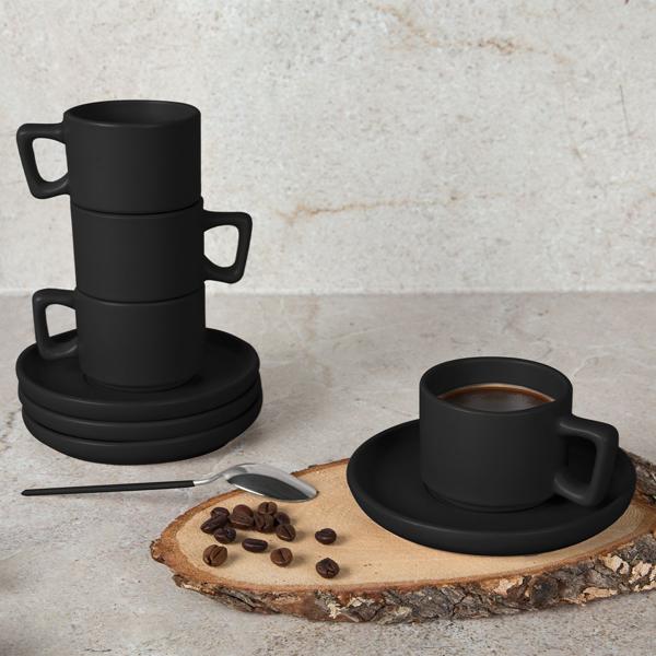Design Espressotassen-Set Steingut mattschwarz - 4 Stück mit Untertellern - Spülmaschinen- & mikrowellengeeignet - Stapelbar & robust - Ø 9 x 9.5 cm