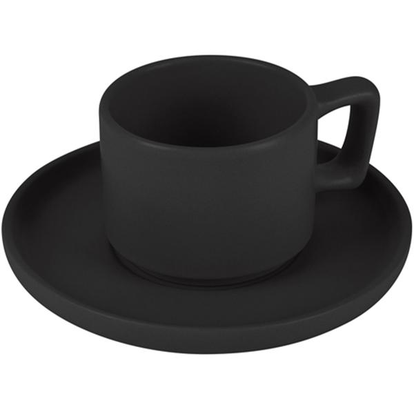 Design Espressotassen-Set Steingut mattschwarz - 4 Stück mit Untertellern - Spülmaschinen- & mikrowellengeeignet - Stapelbar & robust - Ø 9 x 9.5 cm