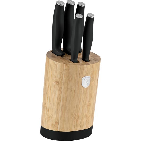 Elegantes Messerset mit Bambus-Ständer, 6-tlg., mattschwarz: Scharfe Küchenmesser, hochwertig, robust & perfekte Geschenkidee für Kochliebhaber