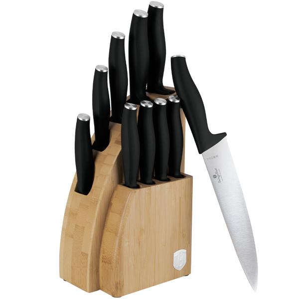 Elegantes Messerset mit Bambus-Ständer, 10-tlg., mattschwarz: Scharfe Küchenmesser, hochwertig, robust & perfekte Geschenkidee für Kochliebhaber