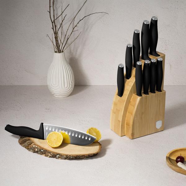 Elegantes Messerset mit Bambus-Ständer, 10-tlg., mattschwarz: Scharfe Küchenmesser, hochwertig, robust & perfekte Geschenkidee für Kochliebhaber
