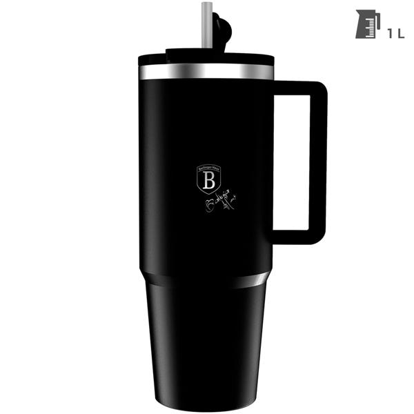 Trendiger Thermobecher mit Strohhalm, matt-schwarz, 1L: Hält Getränke lange heiss oder kalt, auslaufsicher, Tumbler ideal für unterwegs, Büro & Sport