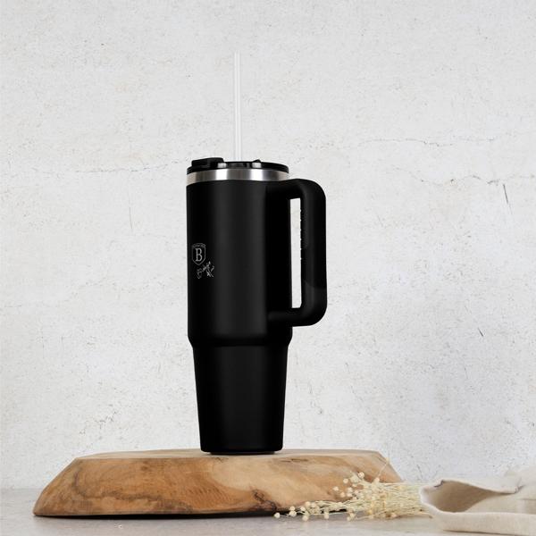 Trendiger Thermobecher mit Strohhalm, matt-schwarz, 1L: Hält Getränke lange heiss oder kalt, auslaufsicher, Tumbler ideal für unterwegs, Büro & Sport