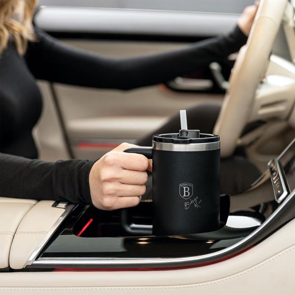 Trendiger Thermobecher mit Strohhalm, matt-schwarz, 1L: Hält Getränke lange heiss oder kalt, auslaufsicher, Tumbler ideal für unterwegs, Büro & Sport