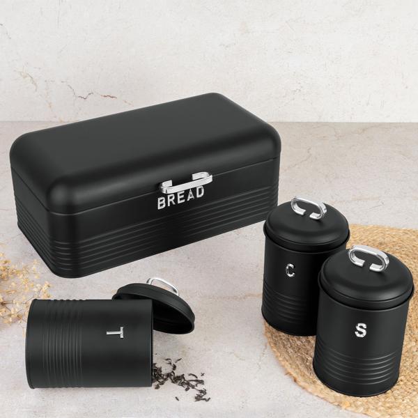 Vintage-Vorratsbehälter-Set: Edelstahl, edles matt-schwarz, Brotbox, Kaffeedose, Zuckerdose, Teedose mit Aufdruck, für nostalgische & stilvolle Aufbewahrung
