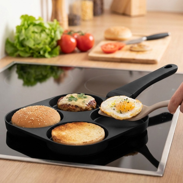 Praktische 4-Loch Pfanne (Ø 20cm) in elegantem Mattschwarz: Perfekt für Spiegeleier, Pancakes & Burger, antihaftbeschichtung, einfache Reinigung & zeitsparend