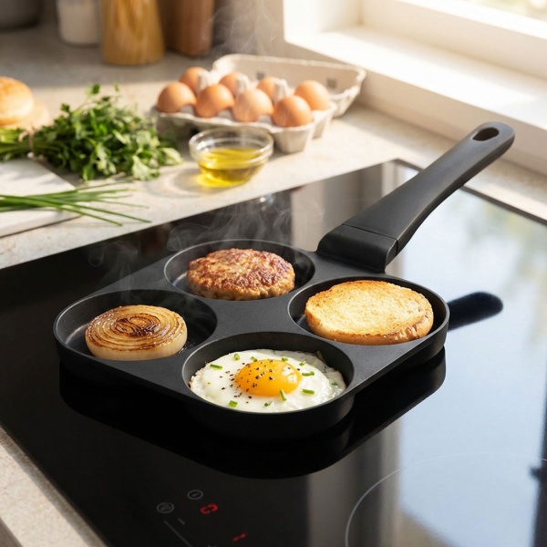 Praktische 4-Loch Pfanne (Ø 20cm) in elegantem Mattschwarz: Perfekt für Spiegeleier, Pancakes & Burger, antihaftbeschichtung, einfache Reinigung & zeitsparend