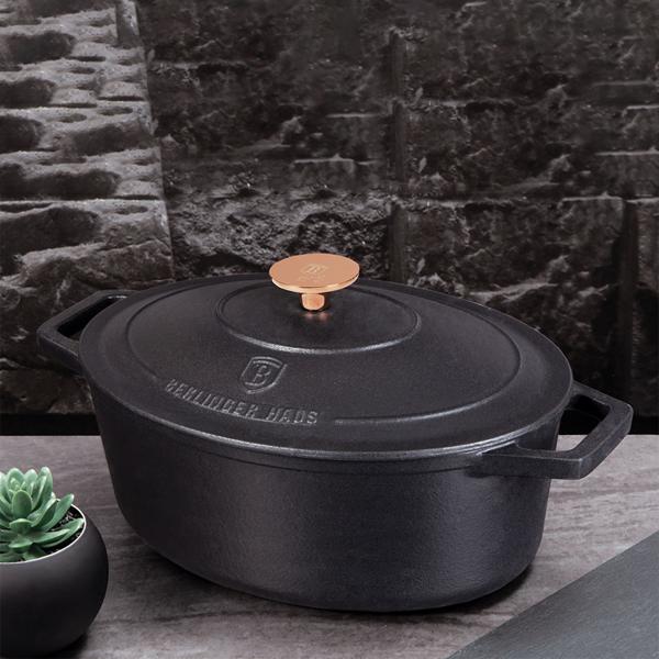Hochwertiger Gusseisenbräter mit Deckel, oval, 5,5 Liter, schwarz-roségold - Für perfektes Schmoren & Braten - Robust & langlebig kochen