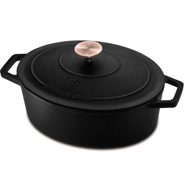 Hochwertiger Gusseisenbräter mit Deckel, oval, 5,5 Liter, schwarz-roségold - Für perfektes Schmoren & Braten - Robust & langlebig kochen