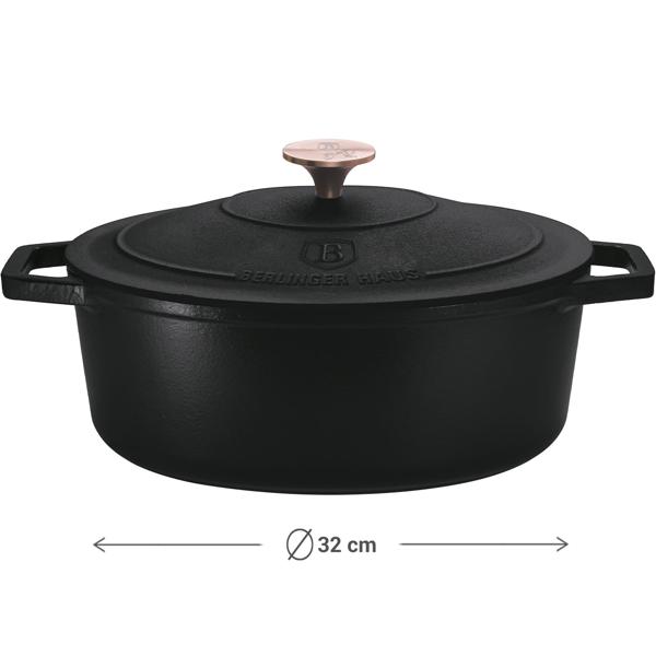 Hochwertiger Gusseisenbräter mit Deckel, oval, 5,5 Liter, schwarz-roségold - Für perfektes Schmoren & Braten - Robust & langlebig kochen