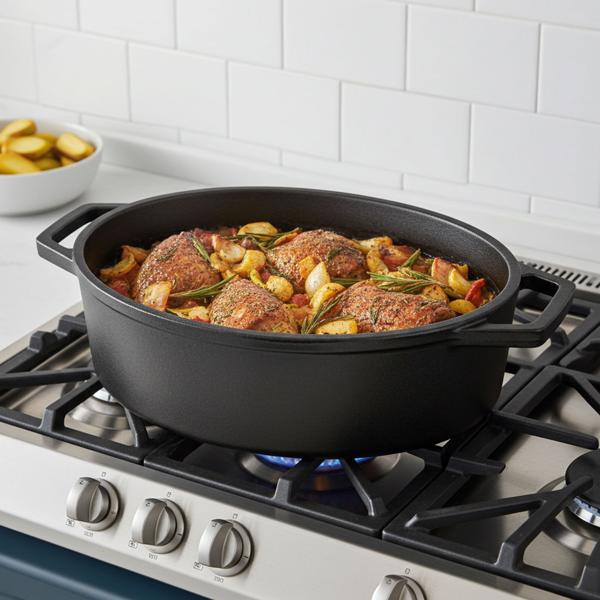 Hochwertiger Gusseisenbräter mit Deckel, oval, 5,5 Liter, schwarz-roségold - Für perfektes Schmoren & Braten - Robust & langlebig kochen