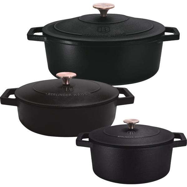 Hochwertiges Gusseisen-Töpfe-Set mit Deckel, 3-tlg., schwarz-roségold - Für perfektes Schmoren & Braten - Robust & langlebig kochen