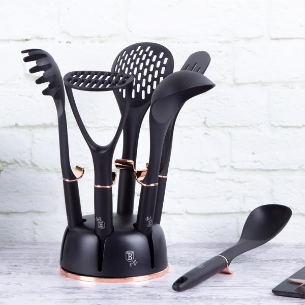 Elegantes 6-tlg. Küchenhelfer Set (Schwarz-Roségold) mit drehbarem Ständer: Stilvolle Kochutensilien für jede Küche | Praktisch, hochwertig & ein echter Blickfang