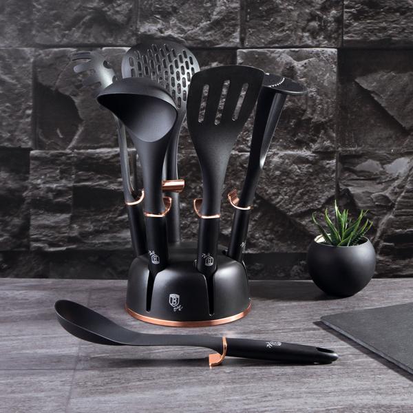 Elegantes 6-tlg. Küchenhelfer Set (Schwarz-Roségold) mit drehbarem Ständer: Stilvolle Kochutensilien für jede Küche | Praktisch, hochwertig & ein echter Blickfang